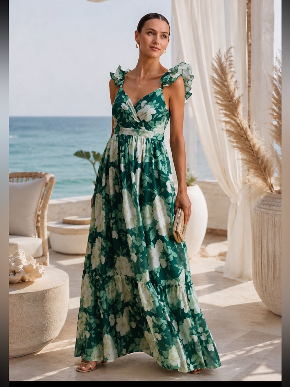 Lulus Floral Maxi Dress Green White Ruffle Strap Empire Waist Size L NWT - Picture 2 of 13